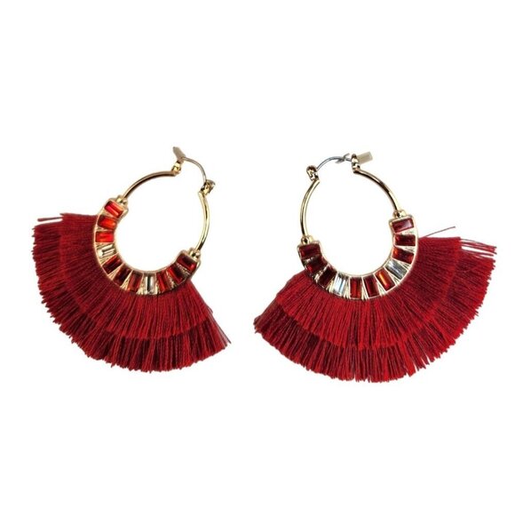 Gold & Red Tassel Fan Oval Hoop Earrings With Rhinestone Accents - Picture 1 of 9